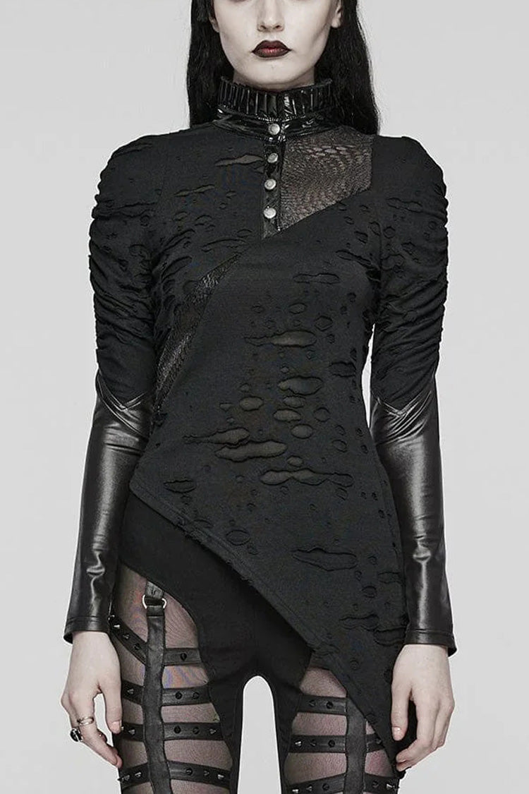 Black Stand Collar Long Sleeves Ruffle Slim Irregular Womens Steampunk T-Shirt - Black - 1