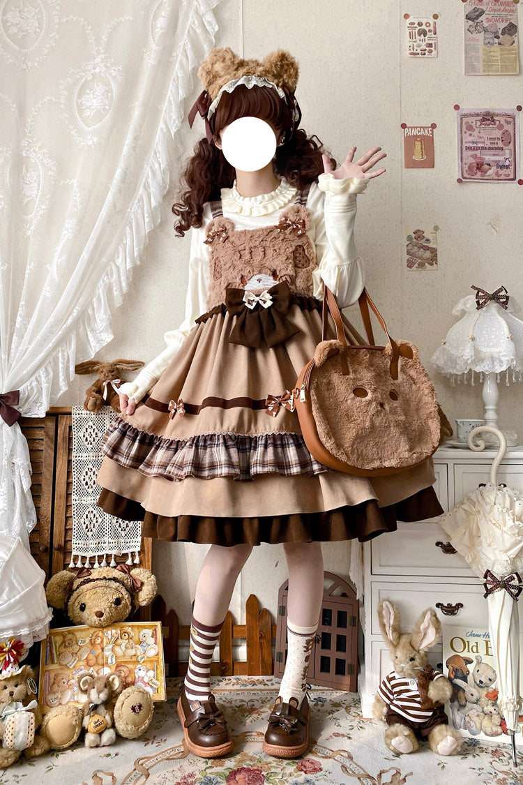 Brown Bear Triple-Layered Ruffle Bowknot Sweet Lolita Strap Dress - Product - 5