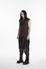 Black/Coffee  Sleeveless Spliced Lace-Up Hooded Mesh Pearl-Decorated Eyelet Men's Punk T-Shirt - Product - 2