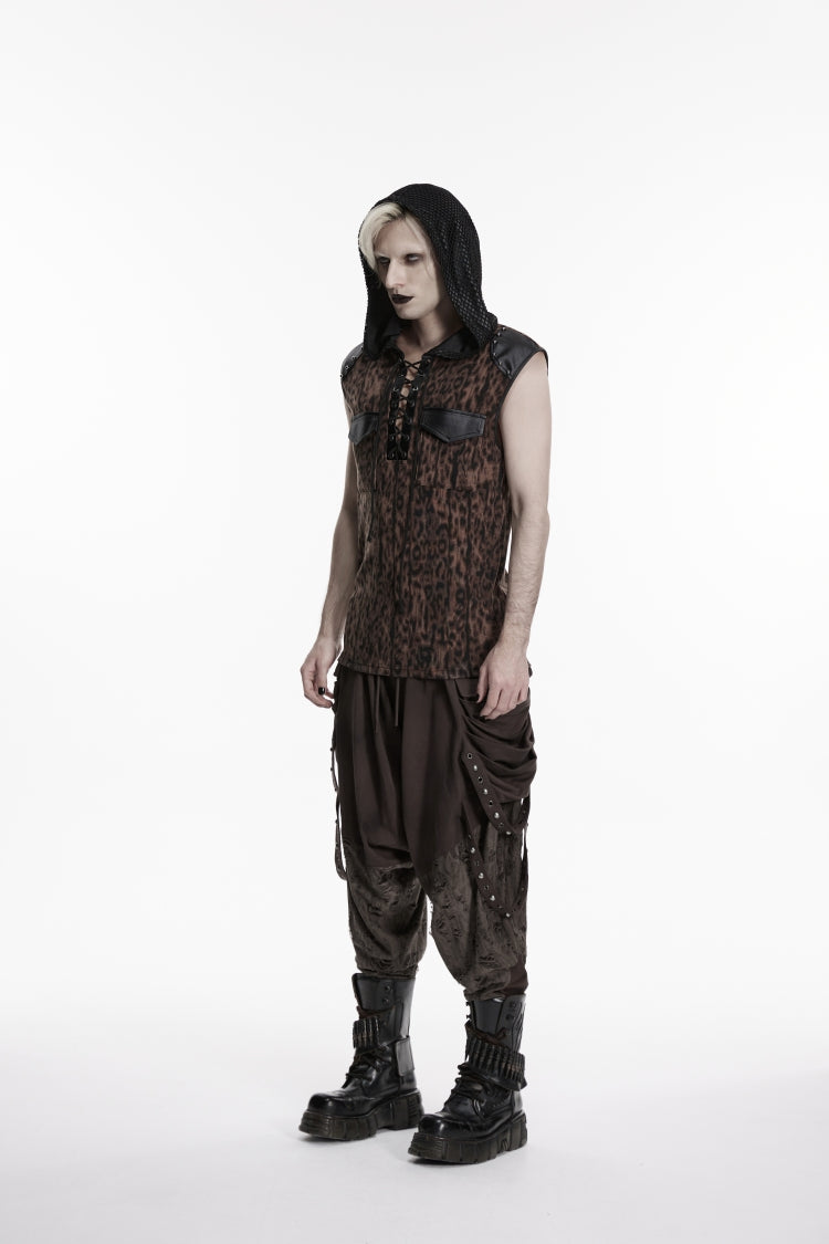 Black/Coffee  Sleeveless Spliced Lace-Up Hooded Mesh Pearl-Decorated Eyelet Men's Punk T-Shirt - Product - 2