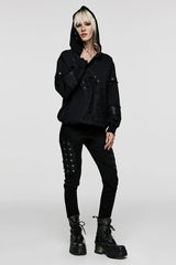 Black Long Sleeves Print Metal Eyelet Lace-Up Hooded Womens Steampunk Jacket - Product - 4