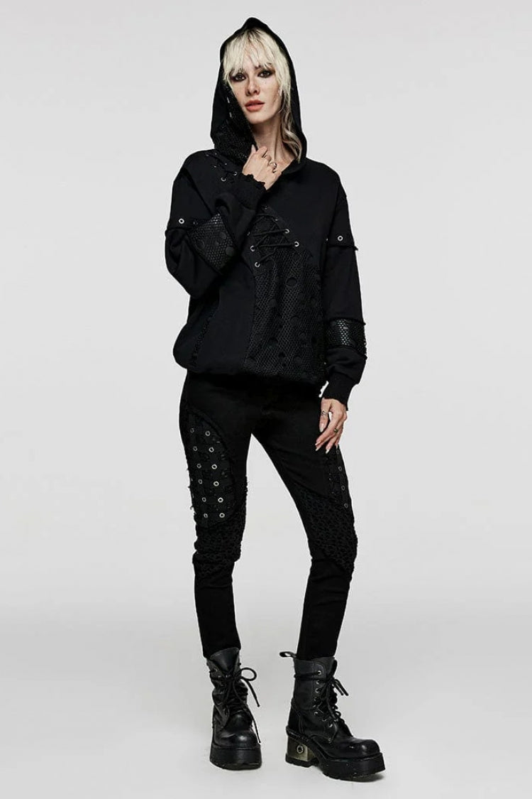 Black Long Sleeves Print Metal Eyelet Lace-Up Hooded Womens Steampunk Jacket - Product - 4