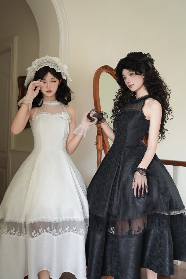 Black [Flowers in the Mist] Off Shoulder Halterneck Print Ruffle Gothic Elegant Lolita Dress - Product - 15