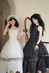 White [Flowers in the Mist] Off Shoulder Halterneck Print Ruffle Gothic Elegant Lolita Dress - Product - 14