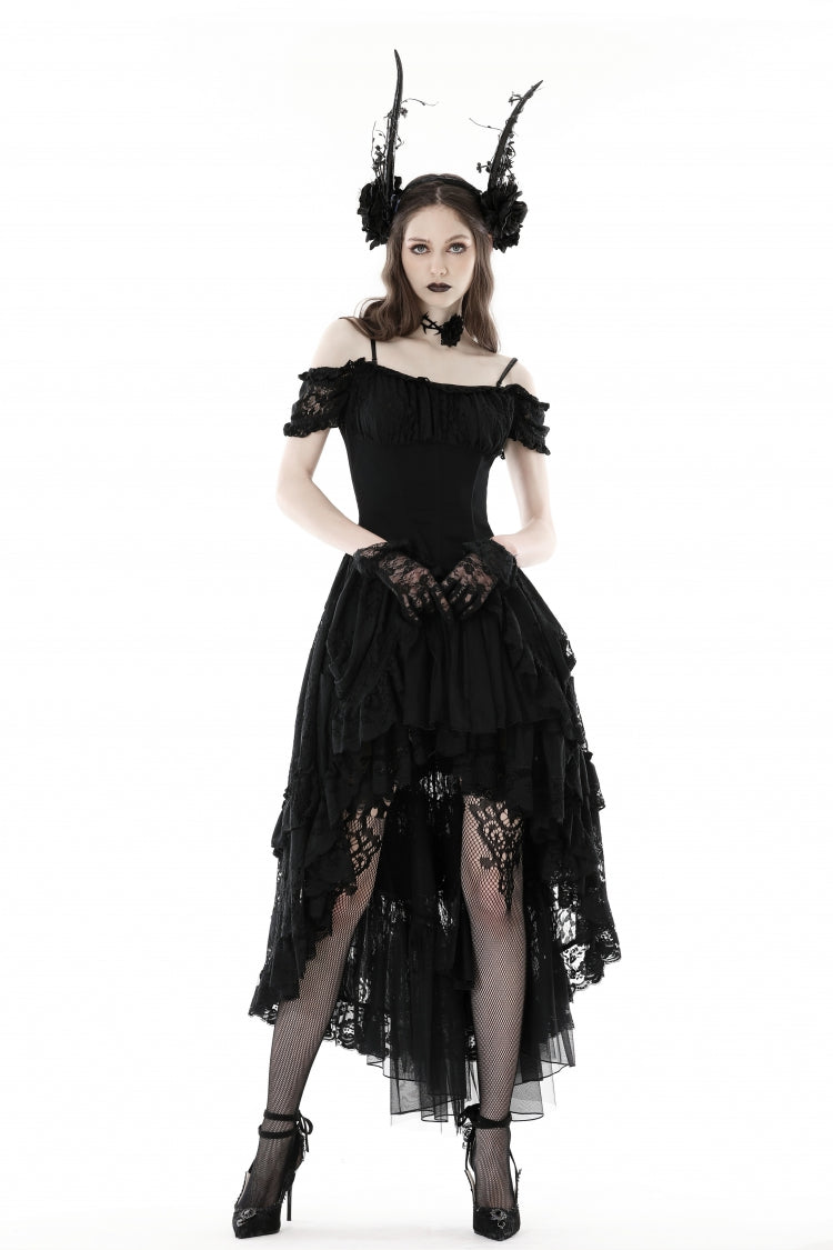 Black Boat Neck Off Shoulder Short Puff Sleeves Ruffled Lace Lace-Up Irregular Women's Gothic Dovetail Dress - Product - 8