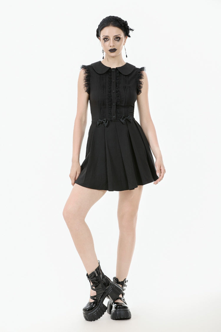 Black Peter Pan Collar Sleeveless Bowknot Pleated Women's Gothic Graduation Dress - Product - 8