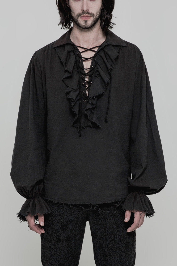 Men's Long Sleeves Ruched Lace-Up Steampunk Blouse 2 Colors - Black - 1