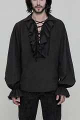 Men's Long Sleeves Ruched Lace-Up Steampunk Blouse 2 Colors - Black - 1