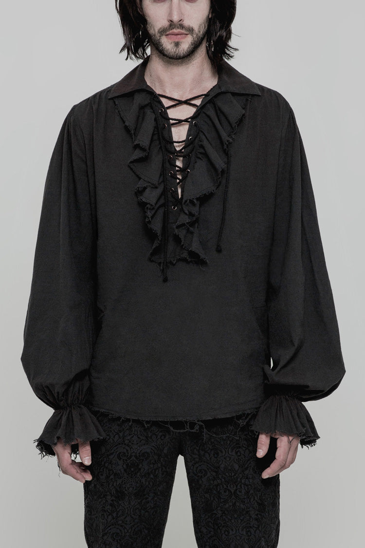 Men's Long Sleeves Ruched Lace-Up Steampunk Blouse 2 Colors - Black - 1