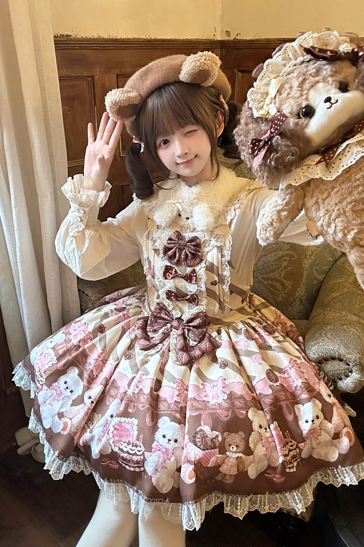 [Chocolate Brownie] Sleeveless Printed Ruffled Bow Lace Sweet Lolita Strap Dress 2 Colors - Product - 9