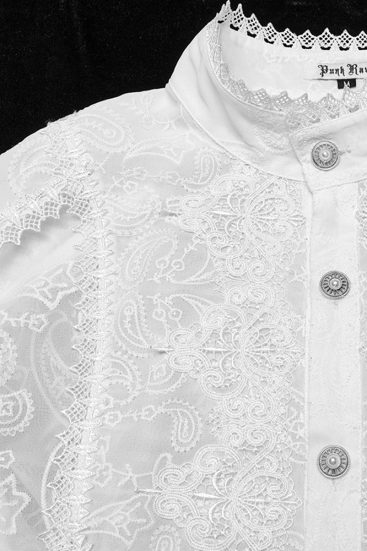 White Stand Collar Long Sleeves Ruffle Embroidery Men's Gothic Blouse - Product - 6