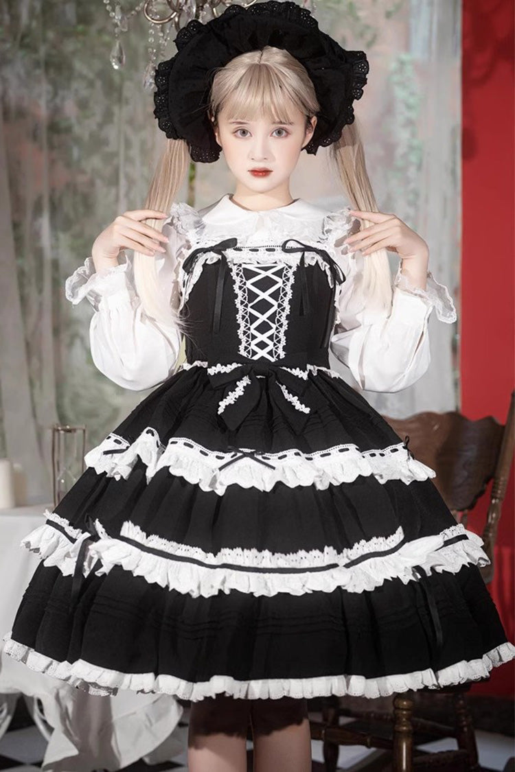 White/Black Sleeveless Multi-layer Bowknot Gothic Lolita Jsk Dress - White/Black - 1