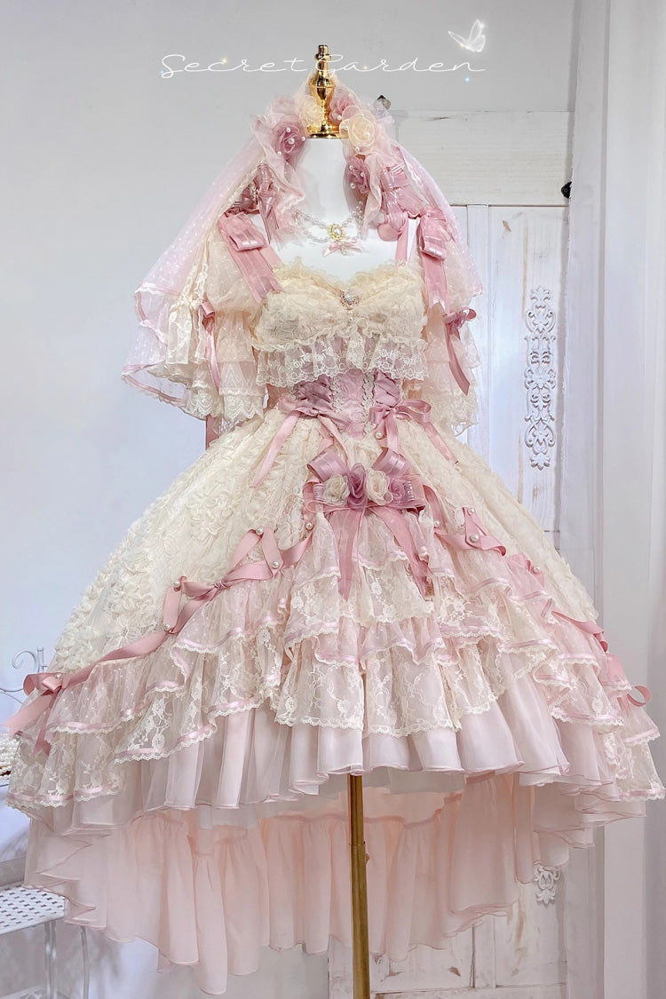 ピンク [Diane Rose] 半袖 ティアード ジャカード フリル 花嫁風 カーディガン リボン レース スウィートロリータ ワンピース 商品画像