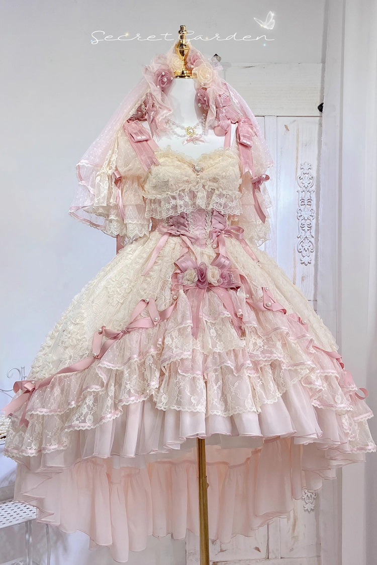 Pink [Diane Rose] Short Sleeves Multi-Layered Jacquard Ruffle Hanayome Cardigan Bowknot Lace Sweet Lolita Dress - Product - 12