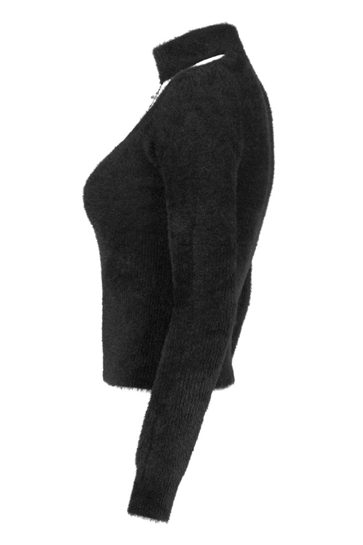 Black Knitted Tight Hollow-Carved Design Metal Cross Decoration Long Sleeve Women's Punk Top - Product - 6