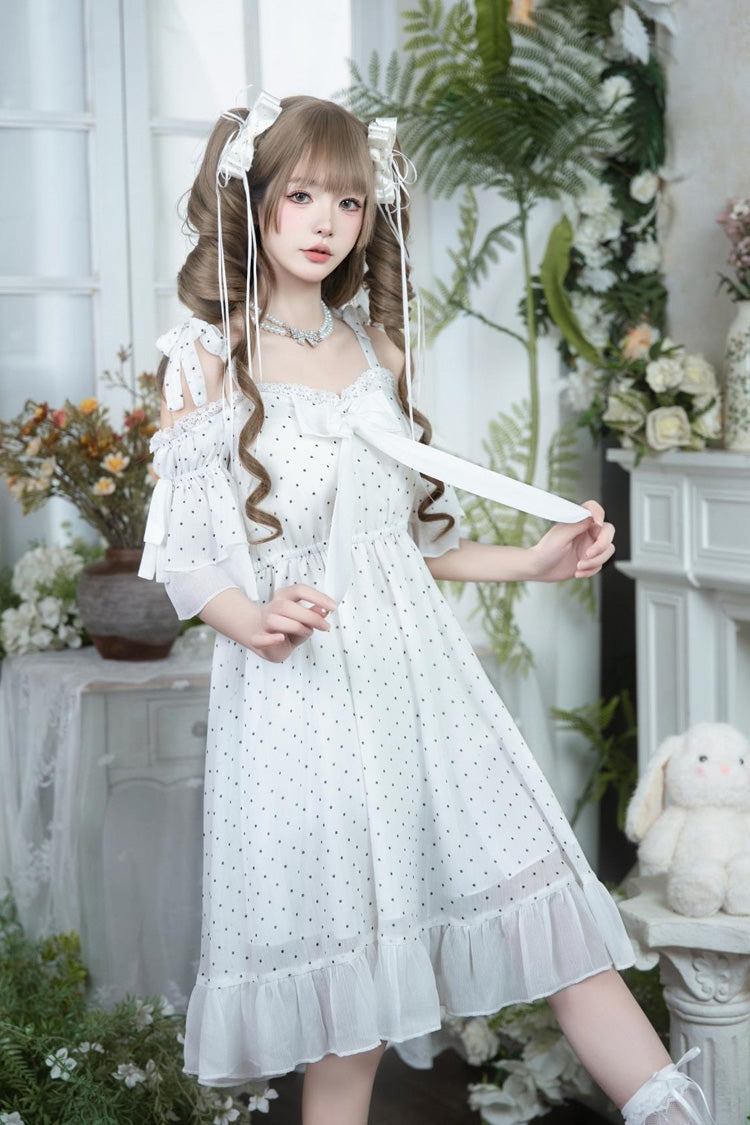 White Off Shoulder Short Sleeves Polka Dots Printed Ruffled Bow Lace Sweet Elegant Palace Lolita Dress - Product - 4