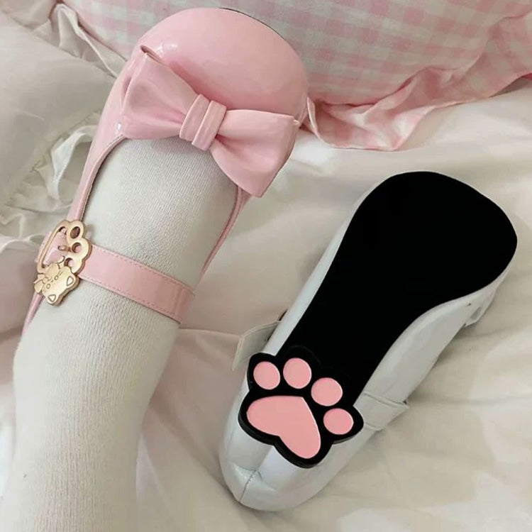 Cute Cat Element Round-Toe Bow Mary Jane Shoes with Cat Paw Heels 7 Colors - Pink - 6