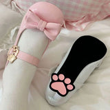 Cute Cat Element Round-Toe Bow Mary Jane Shoes with Cat Paw Heels 7 Colors - Pink - 6