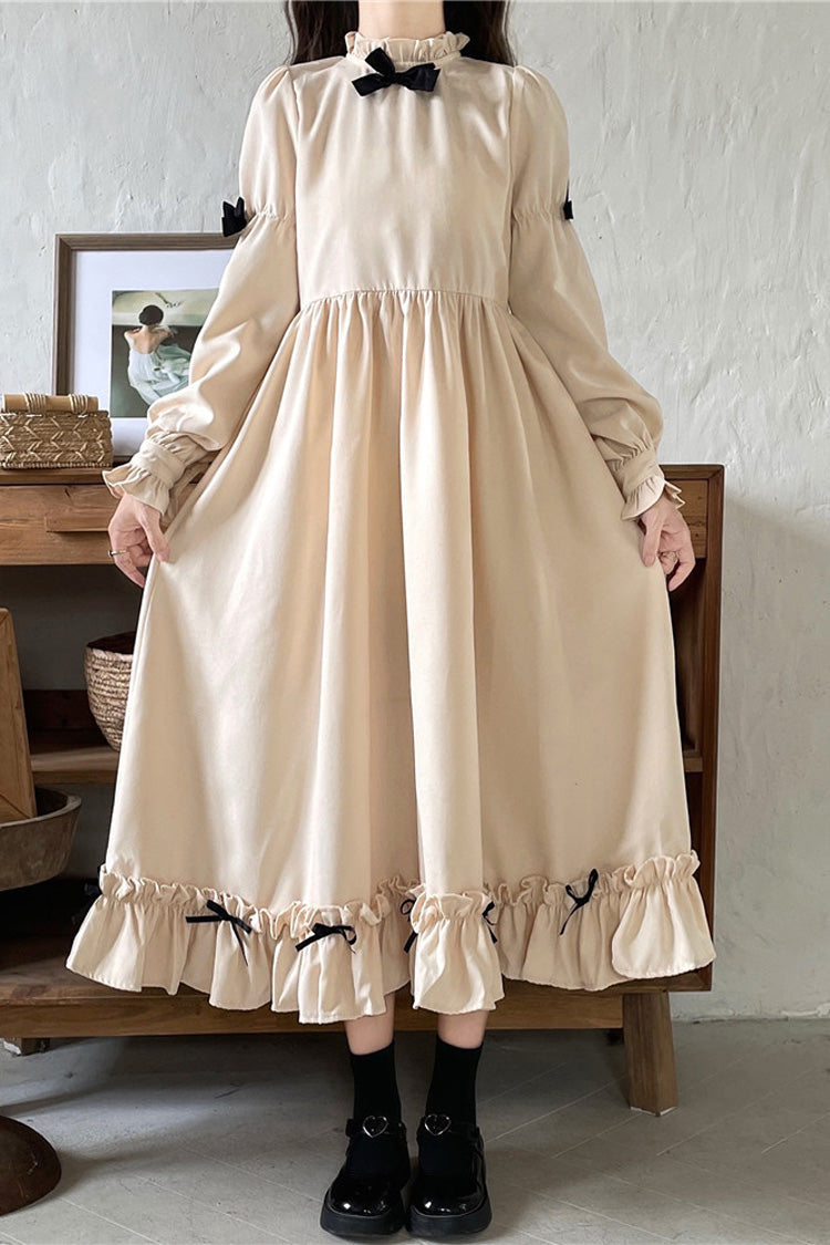 Black/Apricot Japanese Long Puff Sleeves Ruffle Bowknot Sweet Lolita Dress 2 Colors - Product - 2