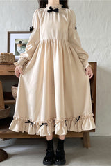 Black/Apricot Japanese Long Puff Sleeves Ruffle Bowknot Sweet Lolita Dress 2 Colors - Product - 2