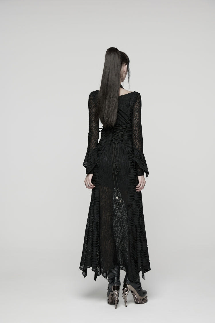 Black Off Shoulder Halterneck Long Trumpet Sleeves Hanayome Lace Lace-Up Women's Punk Dress - Product - 3