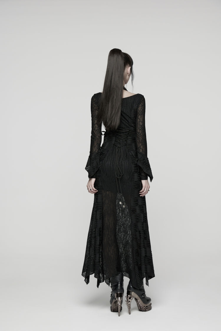 Black Off Shoulder Halterneck Long Trumpet Sleeves Hanayome Lace Lace-Up Women's Punk Dress - Product - 3