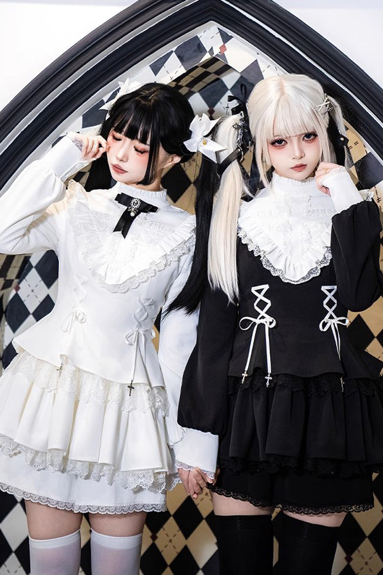 White Long Sleeves Ruffle Lace-Up Sweet Handsome Lolita Dress - Product - 5