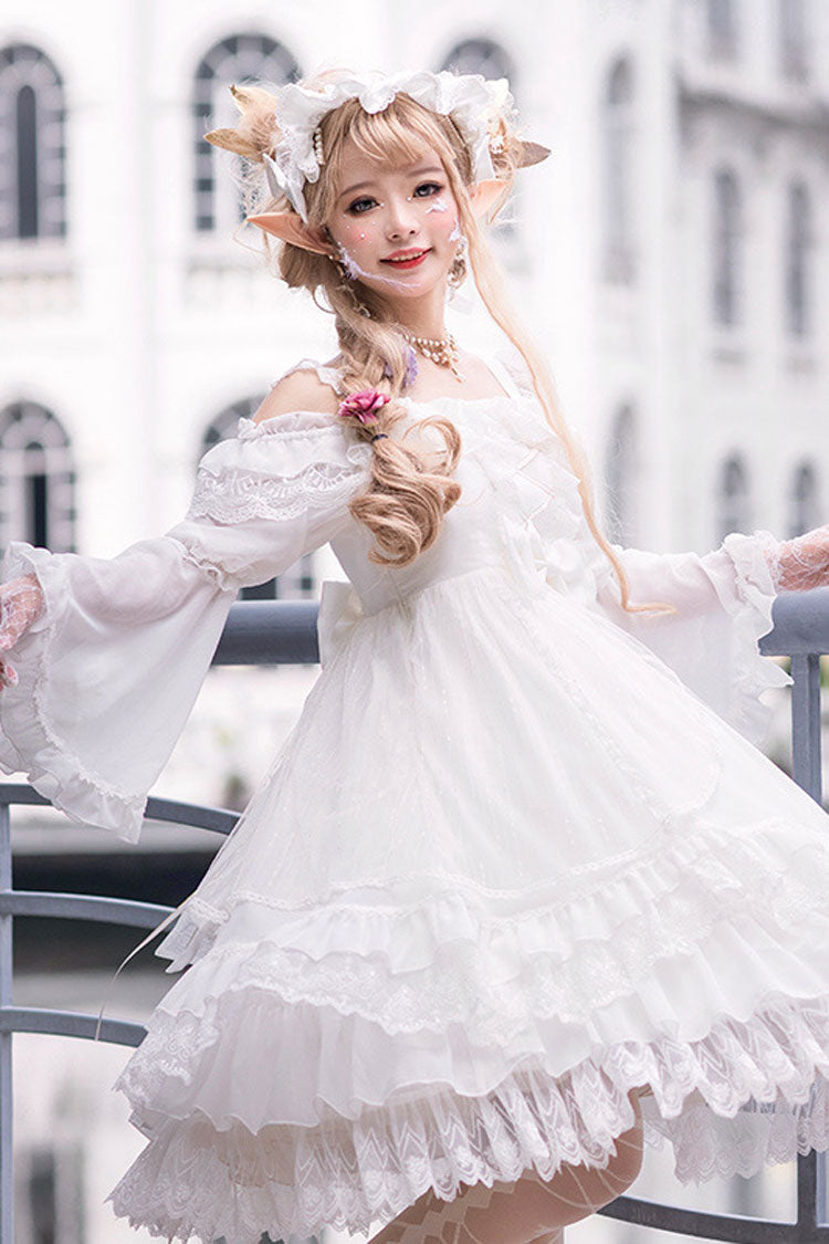 Half Sleeves Lace Stitching Bowknot Hanayome Multi-Layer Gothic Lolita Dress - White - 3
