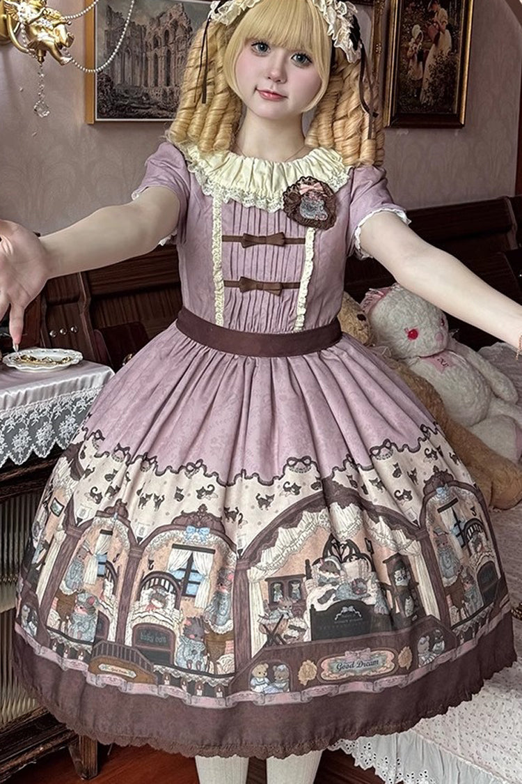 Pink/Purple Short Sleeves Bear Print Bowknot Classic Lolita Dress - Product - 10