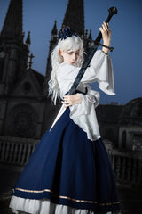 Blue [Eternal Crown] Stand Collar Long Lantern Sleeves Ruffled Color-Blocked Faux Two-Piece Classic Royal Lolita Dress 2 Versions - Product - 24