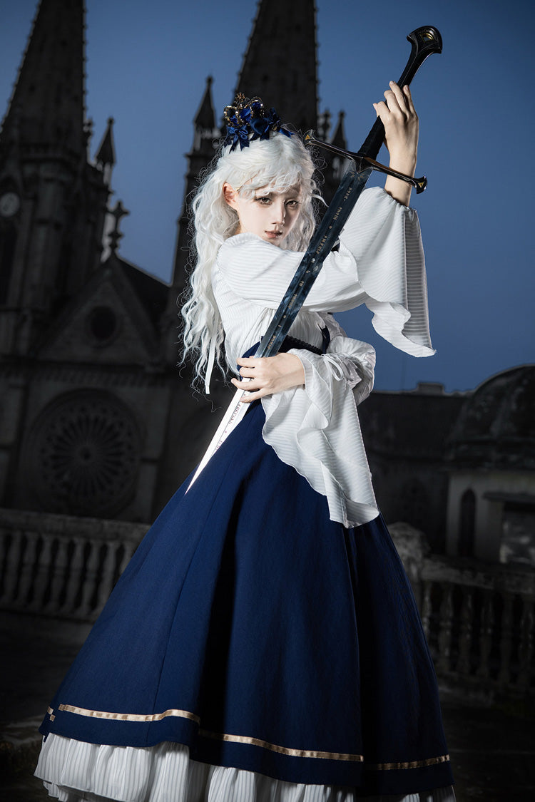 Blue [Eternal Crown] Stand Collar Long Lantern Sleeves Ruffled Color-Blocked Faux Two-Piece Classic Royal Lolita Dress 2 Versions - Product - 24