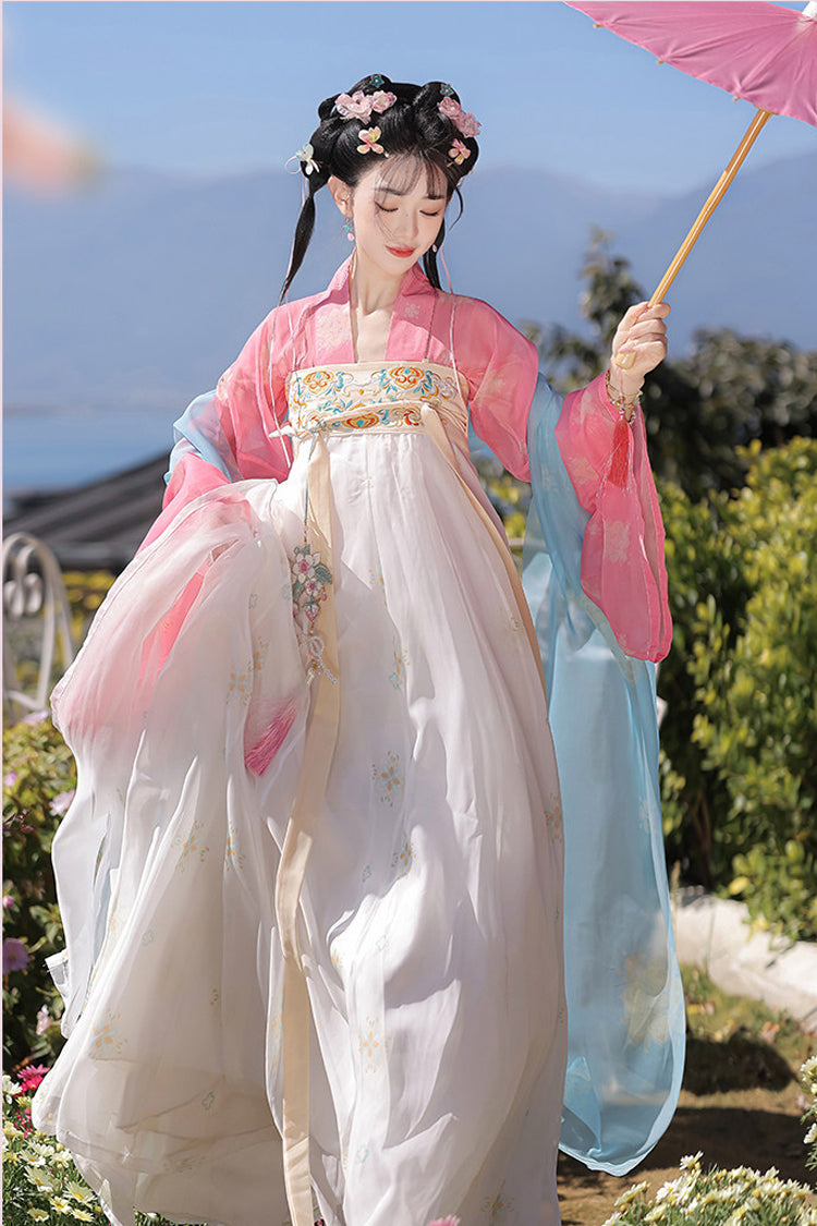 Pink/Apricot [Spring Fills the Garden] High Waisted Printed Embroidered Women's Sweet Chinese Style Hanfu Dress Set - Product - 2