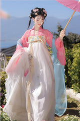 Pink/Apricot [Spring Fills the Garden] High Waisted Printed Embroidered Women's Sweet Chinese Style Hanfu Dress Set - Product - 2