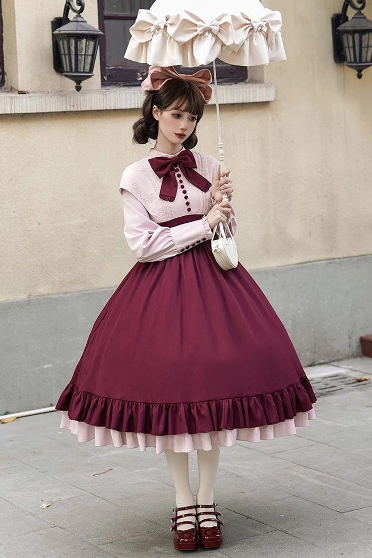 Rose Embroidery Long Sleeves Ruffle Bowknot Fake Two Pieces Elegant Lolita Dress 2 Colors - Product - 12