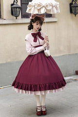 Rose Embroidery Long Sleeves Ruffle Bowknot Fake Two Pieces Elegant Lolita Dress 2 Colors - Product - 12