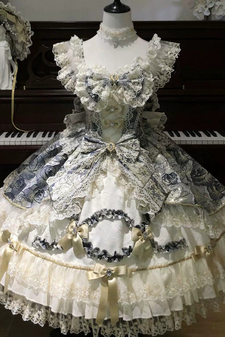 ブラック [Gilded Waltz] スクエアカラー ノースリーブ プリント フリル 刺繍 リボン レース 華やか スウィートロリータ ジャンパースカート（JSK） 商品画像