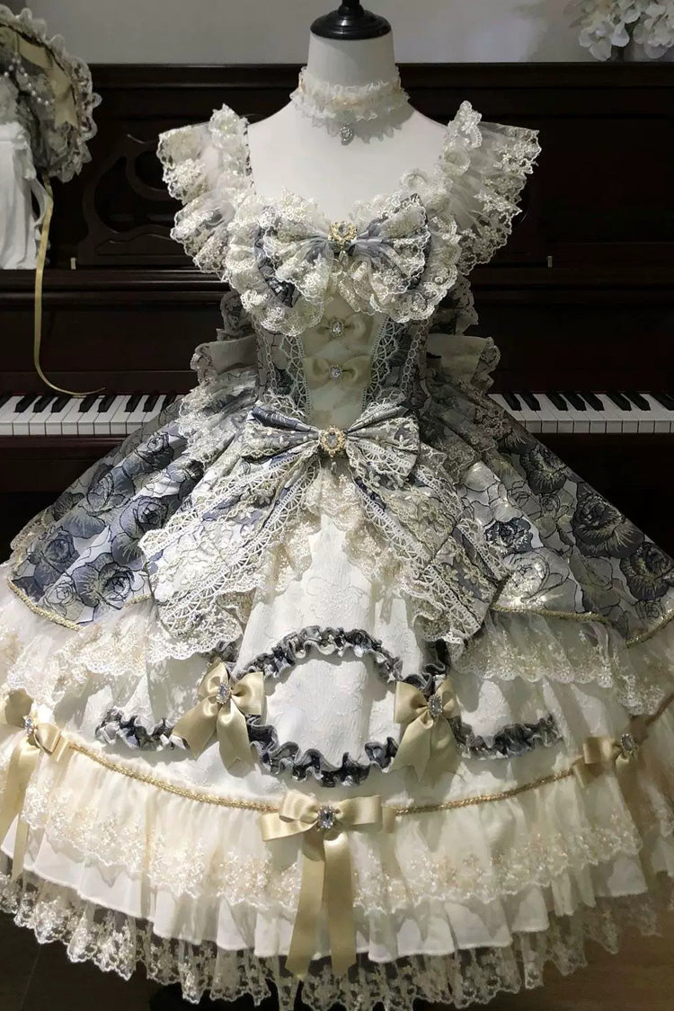 ブラック [Gilded Waltz] スクエアカラー ノースリーブ プリント フリル 刺繍 リボン レース 華やか スウィートロリータ ジャンパースカート（JSK） 商品画像