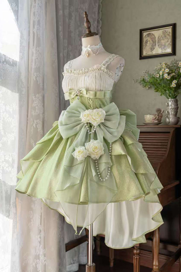 Green [Rose Heart Knot] Ruffle Hanayome Bowknot Sweet Princess Gorgeous Lolita Jsk Dress - Green - 1