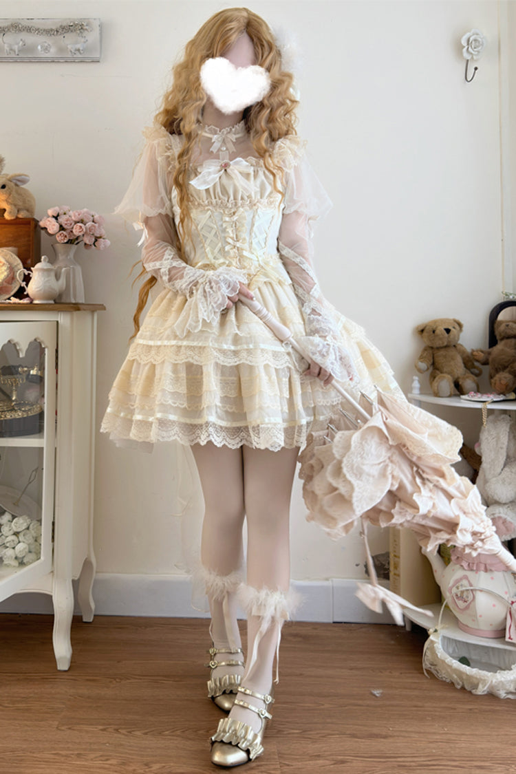 Apricot [Girl Love] Double-Layered Bowknot Lace Sweet Ballet Lolita Skirt Set - Product - 6