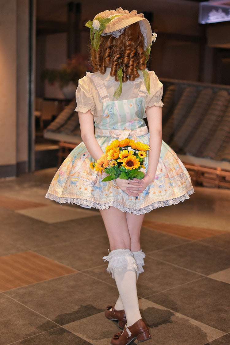 Green [Pineapple Cat] Print Sleeveless Bowknot Lace Sweet Lolita Strap Dress - Product - 8