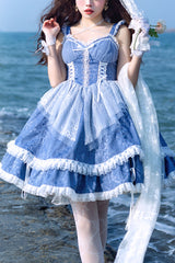 Blue Landing Drawstring Pull Up Hem Elegant Sweet Lolita Dress - Blue - 1