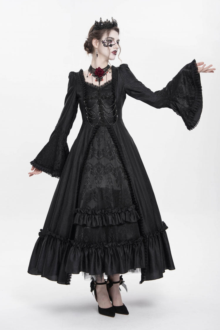 Black Long Sleeves Floral Embroidery Lace-Up Pleated Women's Gothic Dress - Product - 6