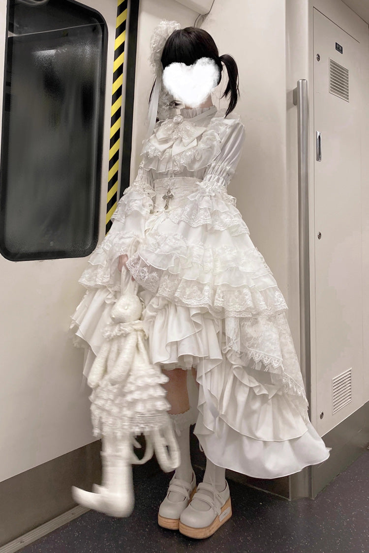 White [Eternal Taboo] Long Hime Sleeves Ruffled Bow Gothic Lolita Skirt Dress Set - Product - 6
