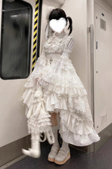 White [Eternal Taboo] Long Hime Sleeves Ruffled Bow Gothic Lolita Skirt Dress Set - Product - 6