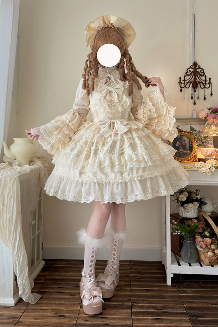 Apricot [Love and Heart Flutter] Sleeveless Multi-Layered Ruffle Bowknot Lace Pearl Sweet Lolita Jsk Dress - Apricot - 1