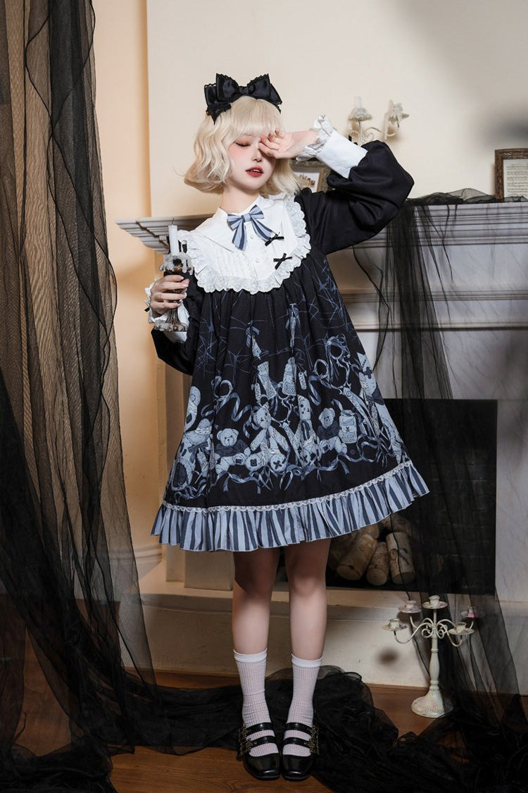 Black Long Sleeves Bear Printed Ruffled Bow Elegant Plus Size Gothic Lolita Dress - Product - 4