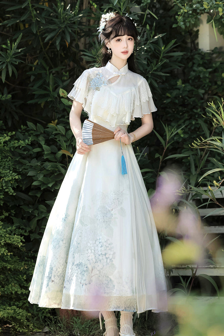White [Hydrangea Message] Short Sleeves Print Ruffle Lace Sweet Chinese Style Elegant Lolita Dress - Product - 6