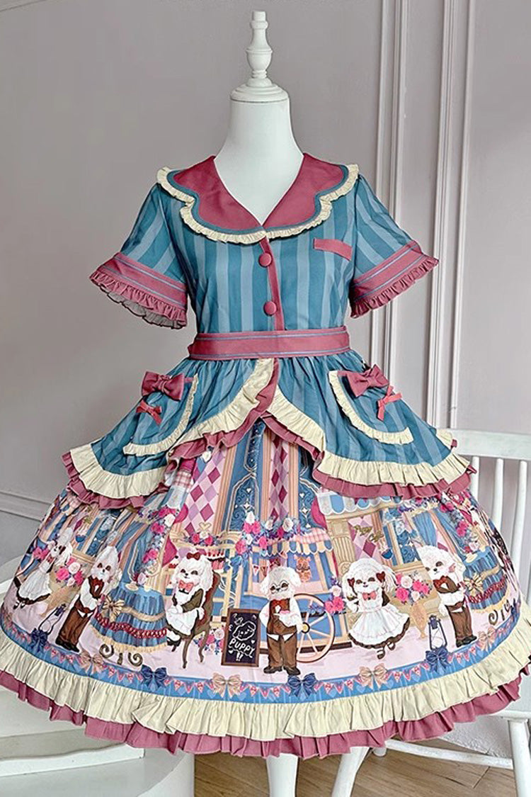 [Puppy Cafe] Print Ruffle Bowknot Sweet Lolita Dress 3 Colors - Blue - 1