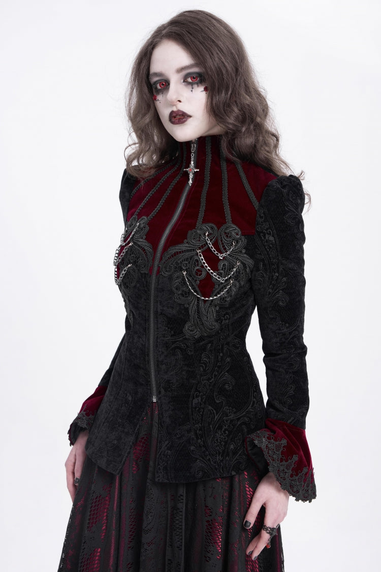 Black/Red Stand Collar Long Trumpet Sleeves Embroidery Women's Gothic Jacket - Product - 11