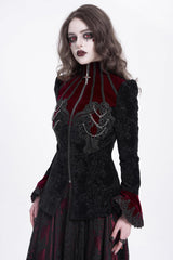 Black/Red Stand Collar Long Trumpet Sleeves Embroidery Women's Gothic Jacket - Product - 11